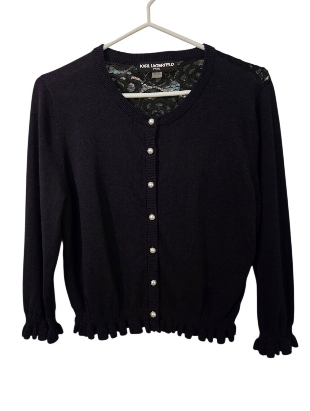 Karl Lagerfeld Navy & Black Lace-Trim Button Cardigan Sweater Size L